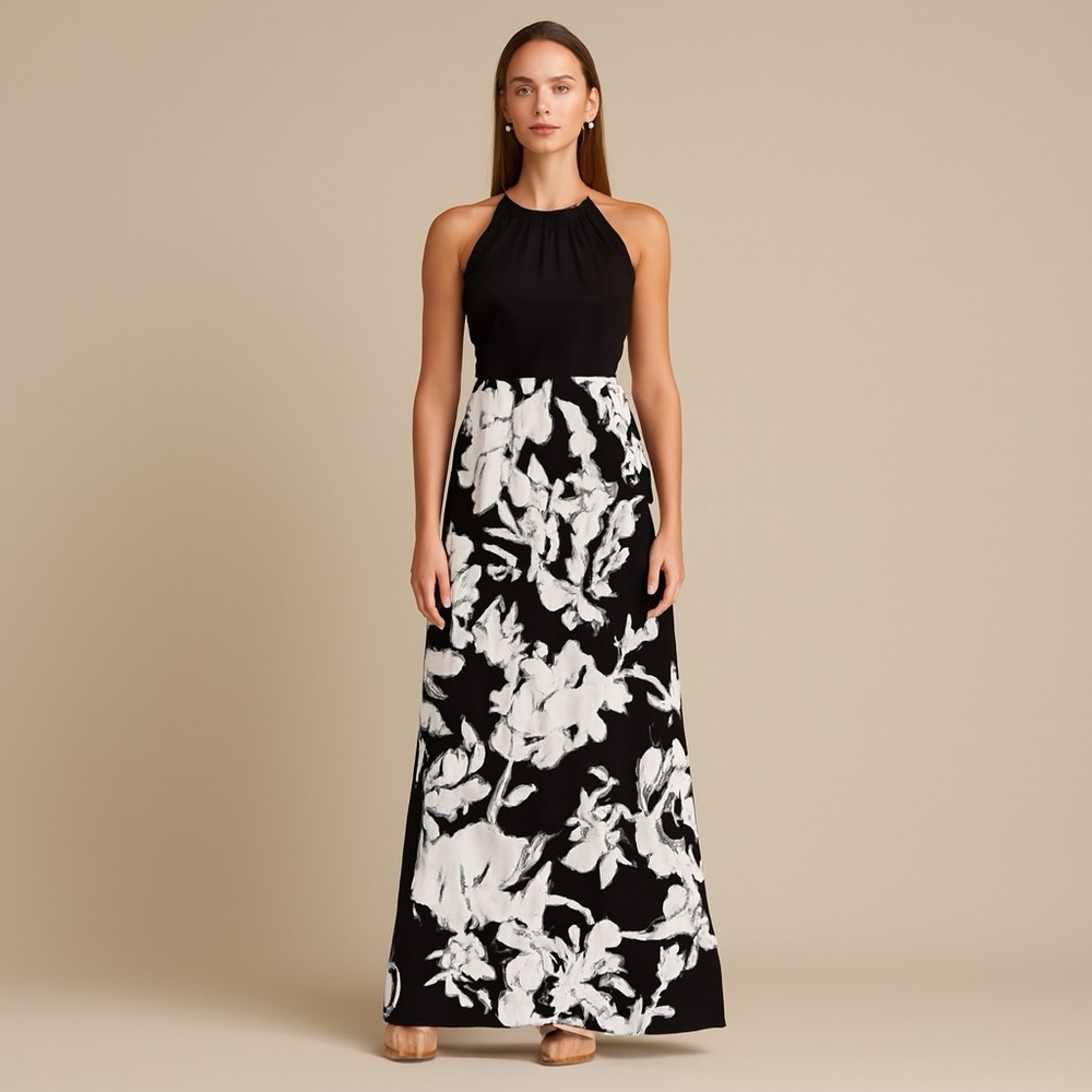 MSK Black & White Floral Halter Maxi Gown